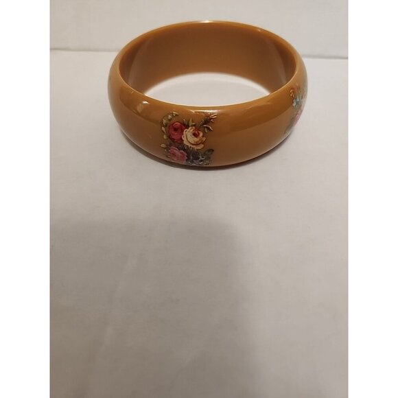 Collectible Bangle Bracelet Lt Brown Painted Flowers 3/4" W x 2 5/8" Across - Picture 1 of 6